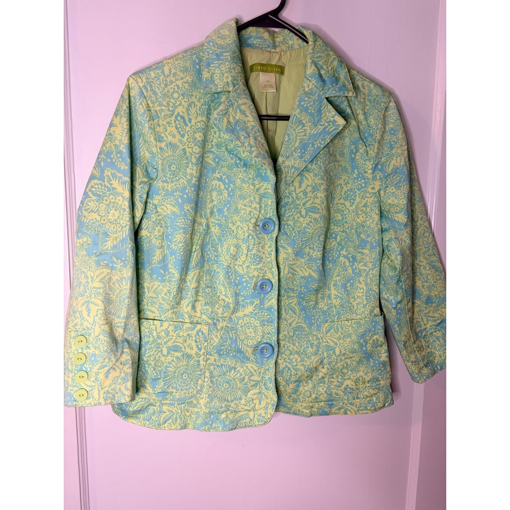 Sigrid Olsen Women's Blue‎ Yellow Floral Print Blazer Jacket Size 10